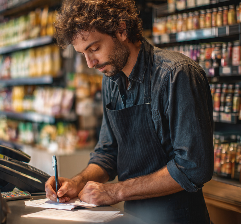 a salesperson in a retail store writing on a sales